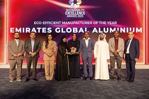 The Emirates Global Aluminium (EGA) team with Chief Guest Dr. Habiba Al Marashi, Captain Pradeep Singh of Karma Developers, Vijay Vaghela of Gulf News, and Aparna Bajpai of BeingShe