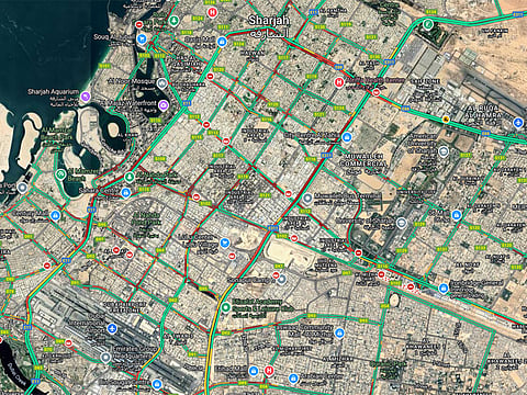In Sharjah, real-time Google Maps data showed multiple crashes.