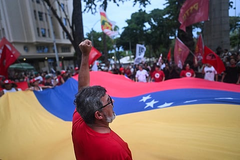 People take part in a demonstration in support of Venezuela's President Nicolas Maduro at the Cinelandia square in Rio de Janeiro, Brazil on January 5, 2026, after US forces captured Venezuelan leader Nicolas Maduro.