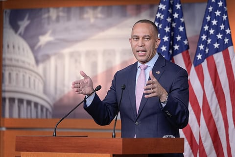 House Minority Leader Hakeem Jeffries, D-N.Y., speaks during a news conference on Capitol Hill, Monday, Jan. 5, 2026, in Washington. (AP Photo/Mariam Zuhaib)