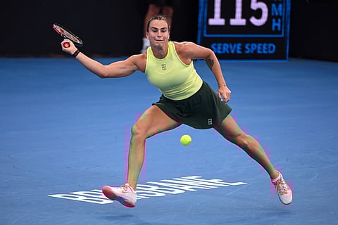 Aryna Sabalenka of Belarus hits a return during her women's singles match against Sorana Cirstea of Romania at the Brisbane International tennis tournament in Brisbane on January 8, 2026.
