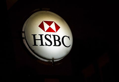 Logo of banking giant HSBC on a sign of one of the bank's branch.