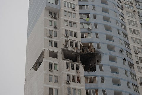 This photograph shows a damaged residential building following a Russian attack in Kyiv early on January 9, 2026, amid the Russian invasion of Ukraine.