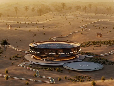 A conceptual rendering of CLIO House, envisioned as a spaceship, linked by river-like art installations in the Dubai desert.