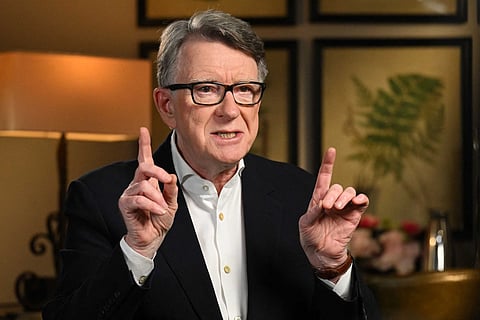 A handout picture released by the BBC on January 11, 2026, taken on January 10, 2026, and broadcast on the BBC's 'Sunday' political television program, shows Peter Mandelson, Britain's former Ambassador to the US being interviewed by journalist Laura Kuenssberg in London.