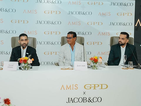 From left: Neeraj Mishra, Founder and CEO of AMIS GPD Development, a part of AMIS Group; Jacob Arabo, Founder, Chairman and Creative Director of Jacob & Co.; and Shah Azim Hameed, a shareholder in AMIS GPD Development, at the signing of the agreement