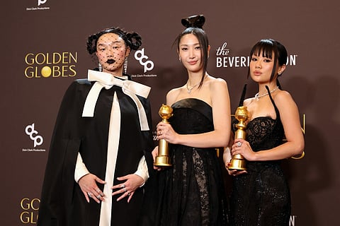 Audrey Nuna, EJAE and Rei Ami, winners of the Best Original Song - Motion Picture for "Golden" from "KPop Demon Hunters," pose in the press room during the 83rd Annual Golden Globe Awards at The Beverly Hilton on January 11, 2026 in Beverly Hills, California.