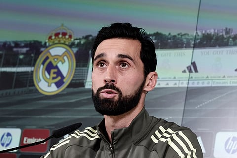 Real Madrid's new coach Alvaro Arbeloa gives a press conference at Real Madrid Sports City in Valdebebas, in the outskirts of Madrid, on January 13, 2026.