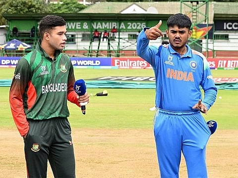 India Under-19 skipper Ayush Mhatre (right) and Bangladesh vice-captain Zawad Abrar, are seen during the toss at the Queens Sports Club in Bulawayo.