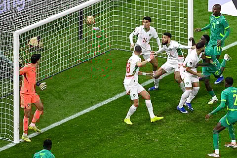 Senegal's forward Ismaila Sarr scores a goal who was later disallowed during the Africa Cup of Nations (CAN) final football match between Senegal and Morocco at the Prince Moulay Abdellah Stadium in Rabat on January 18, 2026.