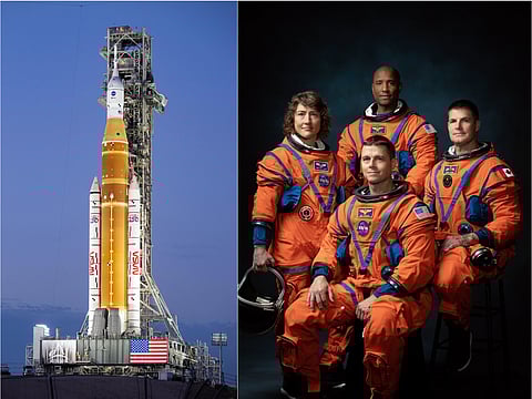 Artemis II crew (right): Reid Wiseman (Commander), Victor Glover (Pilot), Christina Koch (Mission Specialist), and Jeremy Hansen (Mission Specialist, Canadian Space Agency. The Space Launch System (SLS) rocket (left) is being prepped to launch from Nasa's Launch Complex 39B.