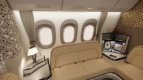 A brief CGI clip in an Emirates YouTube tribute to Sir Tim Clark appears to show the airline’s future Boeing 777X cabin, featuring business class suites with doors and a lounge-style seating area.