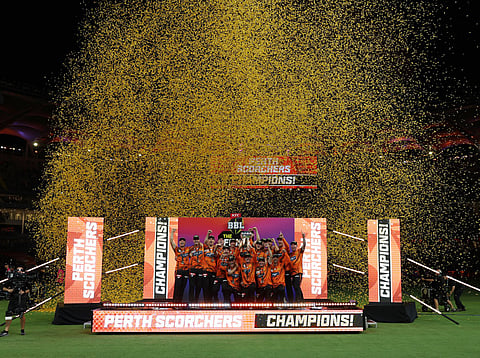 Perth Scorchers players celebrate their win after the Big Bash League T20 final between Perth Scorchers and Sydney Sixers at the Optus Stadium in Perth on December 25, 2026.
