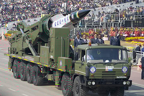 The Defence Research and Development Organisation drive with a model of long range anti ship missile during the Republic Day parade celebrations in New Delhi on January 26, 2026.