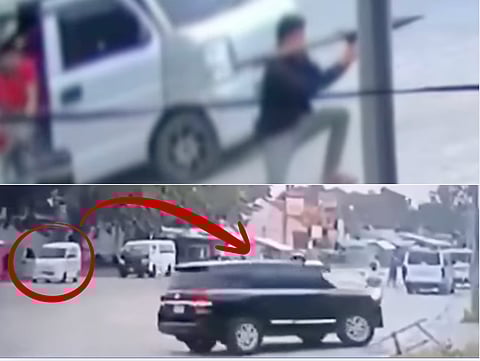 Shocking CCTV footage captures the heart-stopping moment an unidentified attacker unleashed a rocket-propelled grenade (RPG) straight at Philippine Mayor Akmad Mitra Ampatuan's black SUV in broad daylight.