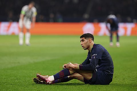 Morocco's defender Achraf Hakimi reacts during the UEFA Champions League - League phase, Matchday 8 - football match between Paris Saint-Germain (PSG) and Newcastle United FC at the Parc des Princes stadium in Paris on January 28, 2026.
