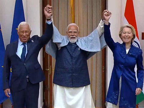 India's Prime Minister Narendra Modi with EU leaders Ursula von der Leyen and Antonio Costa.