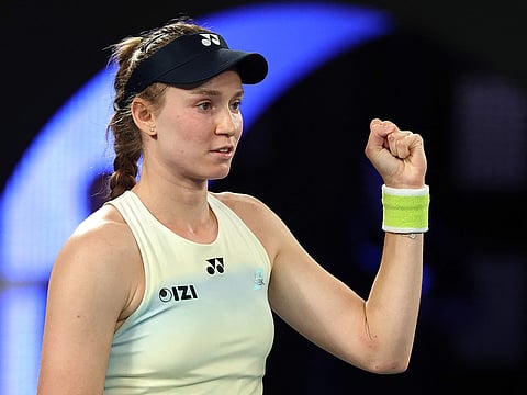 Kazakhstan's Elena Rybakina celebrates a match point against USA's Jessica Pegula during their women's singles semi-final match on day twelve of the Australian Open tennis tournament in Melbourne on January 29, 2026.