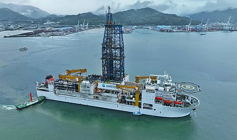 A specialised ship retrieves sediment containing rare earth from ocean depths of about 6,000 metres.