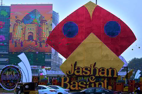 A giant kite model placed by local administration to celebrate upcoming three-day kite flying festival in Lahore.