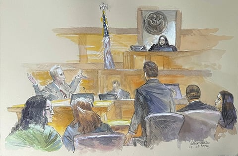 This courtroom sketch shows Ryan Routh, left, throwing his arms up directed at U.S. District Judge Aileen Cannon in frustration as jury selection begins in the trial of Routh, who is charged with attempting to assassinate Donald Trump last year at a golf course in South Florida, Monday, Sept. 8, 2025, in Fort Pierce, Florida.