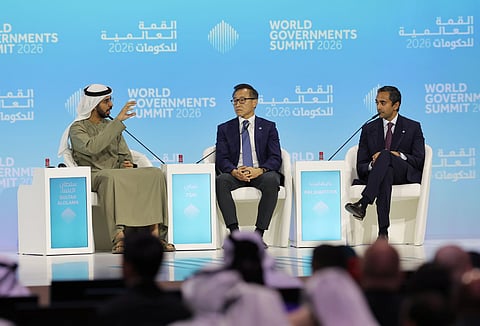 Omar Sultan Alolama, Minister of State for Artificial Intelligence, Digital Economy and Remote Work Applications, Joseph Tsai, Chairman and Co-founder of Alibaba Group and Chamath Palihapitiya, Founder and Managing Partner of Social Capital during a session “Where Is AI Heading?” on the second day of World Government Summit.
