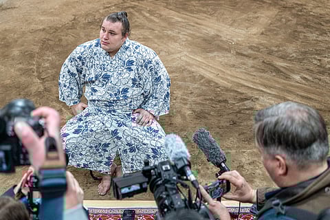 Ukrainian sumo wrestler Danylo Yavhusishyn, who is known by his ring name Aonishiki, speaks during a media interview after a morning practice at Ajigawa stable in Tokyo's Koto district on February 4, 2026.