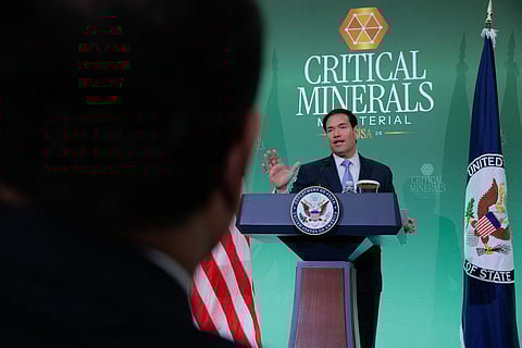 Secretary of State Marco Rubio holds a news conference during the first Critical Minerals Ministerial at the State Department's Harry S. Truman Building on February 04, 2026 in Washington, DC. About 50 countries attended the ministerial, a gathering to discuss the creation of tech supply chain partnerships that can bypass China.