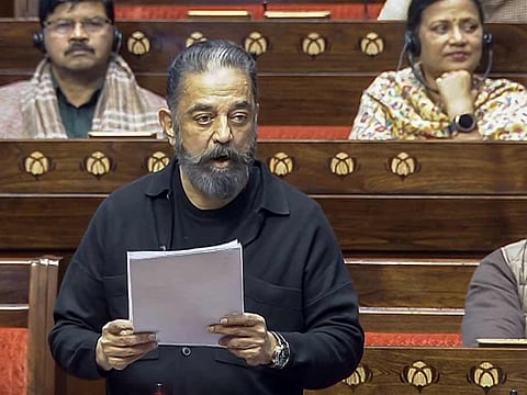 MNM MP Kamal Haasan speaks in Rajya Sabha in New Delhi on Wednesday.