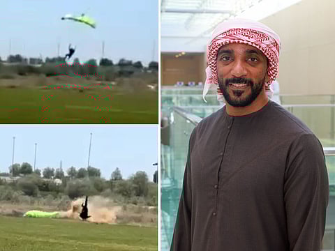 A combination photo shows Nawaf Al Awadhi’s devastating skydiving crash and his full recovery at Sheikh Shakhbout Medical City.