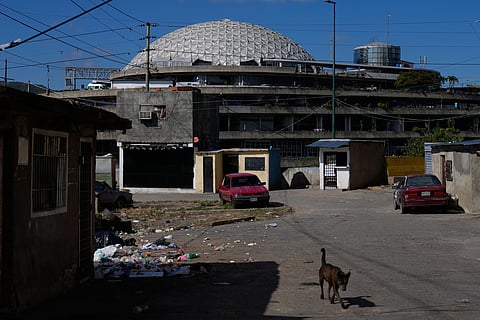 El Helicoide, the headquarters of Venezuela's intelligence service and detention center, stands in Caracas, Venezuela, Friday, Jan. 9, 2026, after National Assembly President Jorge Rodriguez said the government would release Venezuelan and foreign prisoners. (AP Photo/Ariana Cubillos)