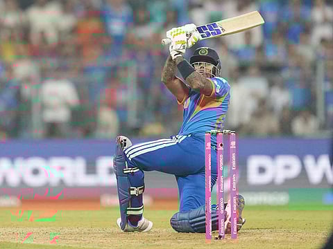 India's captain Suryakumar Yadav plays a shot during the T20 World Cup cricket match against USA in Mumbai, India, Saturday, Feb. 7, 2026.
