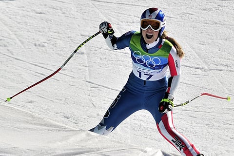 USA's Lindsey Vonn celebrates during the Women's Vancouver 2010 Winter Olympics Super-G event at Whistler Creek side Alpine skiing venue on February 20, 2010.