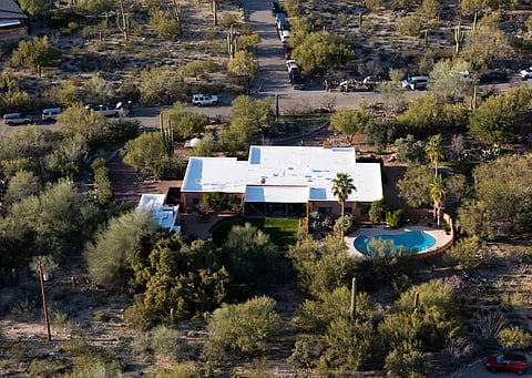 An aerial view shows the home of Nancy Guthrie on February 7, 2026 in Tucson, Arizona.