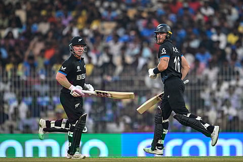New Zealand's Tim Seifert (L) and Finn Allen run between the wickets during the 2026 ICC Men's T20 Cricket World Cup group stage match between New Zealand and United Arab Emirates at the MA Chidambaram Stadium in Chennai on February 10, 2026.