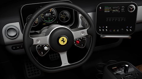 At first glance, the Ferrari Luce’s interior looks calm, even minimal. A three-spoke steering wheel. A clean instrument binnacle.