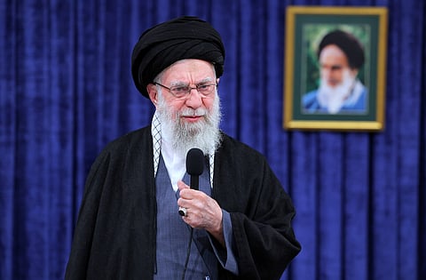 In this photo released on Monday, Feb. 9, 2026, by the official website of the office of the Iranian supreme leader, Supreme Leader Ayatollah Ali Khamenei addresses the nation in a televised speech. (Office of the Iranian Supreme Leader via AP)