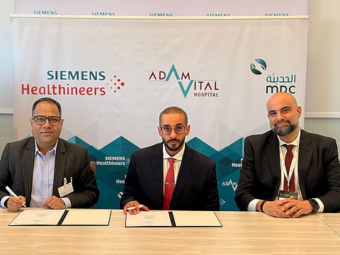 Left to Right: Vivek Kanade, Managing Director of Siemens Healthineers, Middle East and Africa; Mohammed Omer Nasser, Chief Executive Officer, Adam Vital Hospital; Moussa - Head of Sales, Medical Division, MPC.