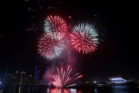 Fireworks light up the sky for the 250th Independence Day celebration of USA in Dubai on Thursday