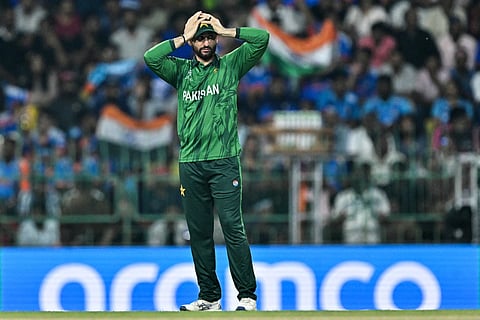 Pakistan's captain Salman Agha reacts during the 2026 ICC Men's T20 Cricket World Cup group stage match between India and Pakistan at the R Premadasa Stadium in Colombo on February 15, 2026.