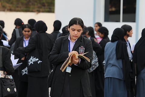 Class 10 students engage in last-minute revision before their first CBSE board exam at Delhi Private School centre. (Photo for representation purposes only)