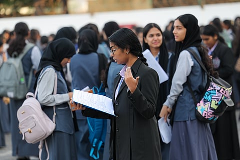 Grade 10 students engage in last-minute revision before their CBSE examination at Delhi Private School centre. (Photo for representation purposes only)