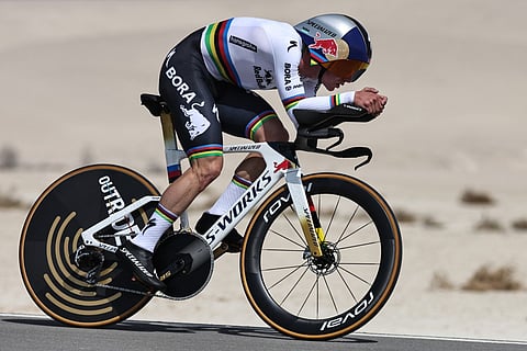 Red Bull-Bora-Hansgrohe's Belgian rider Remco Evenepoel competes during the second stage of the UAE Tour cycling event on al-Hudayriyat Island in Abu Dhabi on February 17, 2026.