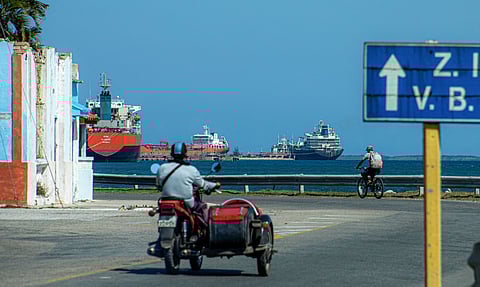 The Nicos I.V. oil tanker (R), sailing under the flag of Saint Vincent and the Grenadines, is seen alongside other tanker vessels in the port of Matanzas, Cuba, on February 17, 2026.