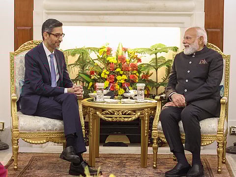 Prime Minister Narendra Modi meets Google CEO Sundar Pichai on the sidelines of the India AI Impact Summit 2026 at Bharat Mandapam, New Delhi
