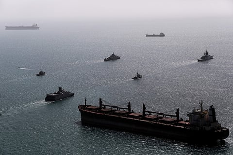 This image provided Thursday Feb. 19, 2026 by the Iranian military shows navy ships conducting operations during a join drill by Iranian and Russian forces in the Indian Ocean.