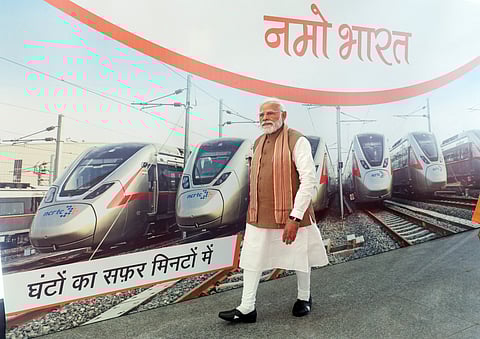 Prime Minister Narendra Modi during the flag-off ceremony of Meerut Metro and Namo Bharat Train at Shatabdi Nagar Namo Bharat Station, in Meerut on Sunday.