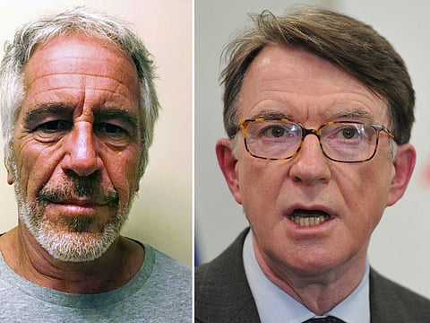 This combination of file photos created on February 23, 2026 shows an undated handout photo obtained July 11, 2019 courtesy of the New York State Sex Offender Registry showing Jeffrey Epstein (L) and British Labour MP and former UK ambassador to the US Peter Mandelson (R) .