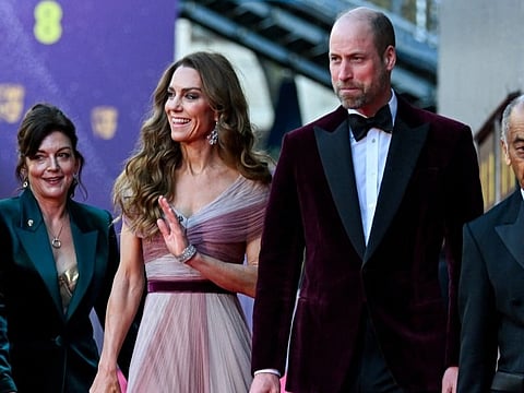 Britain's Catherine, Princess of Wales and Britain's Prince William, Prince of Wales, arrive at the BAFTA British Academy Film Awards at the Royal Festival Hall, Southbank Centre, in London, on February 22, 2026.
