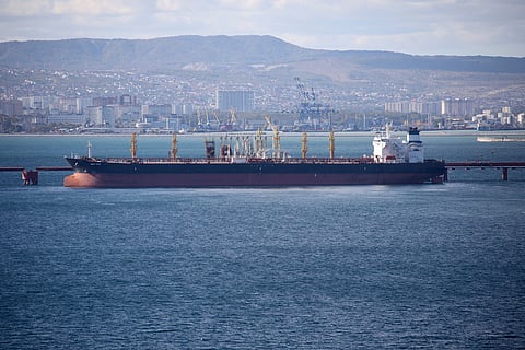 An oil tanker is moored at the Sheskharis complex, part of Chernomortransneft JSC, a subsidiary of Transneft PJSC, in Novorossiysk, Russia, on Oct. 11, 2022.